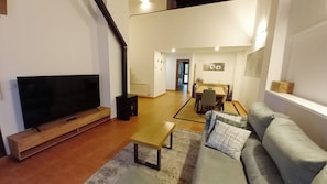 Smart TV, caminetto, libri