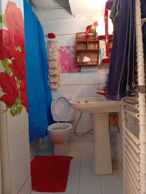 A small bathroom with a toilet, sink, and shower curtain.