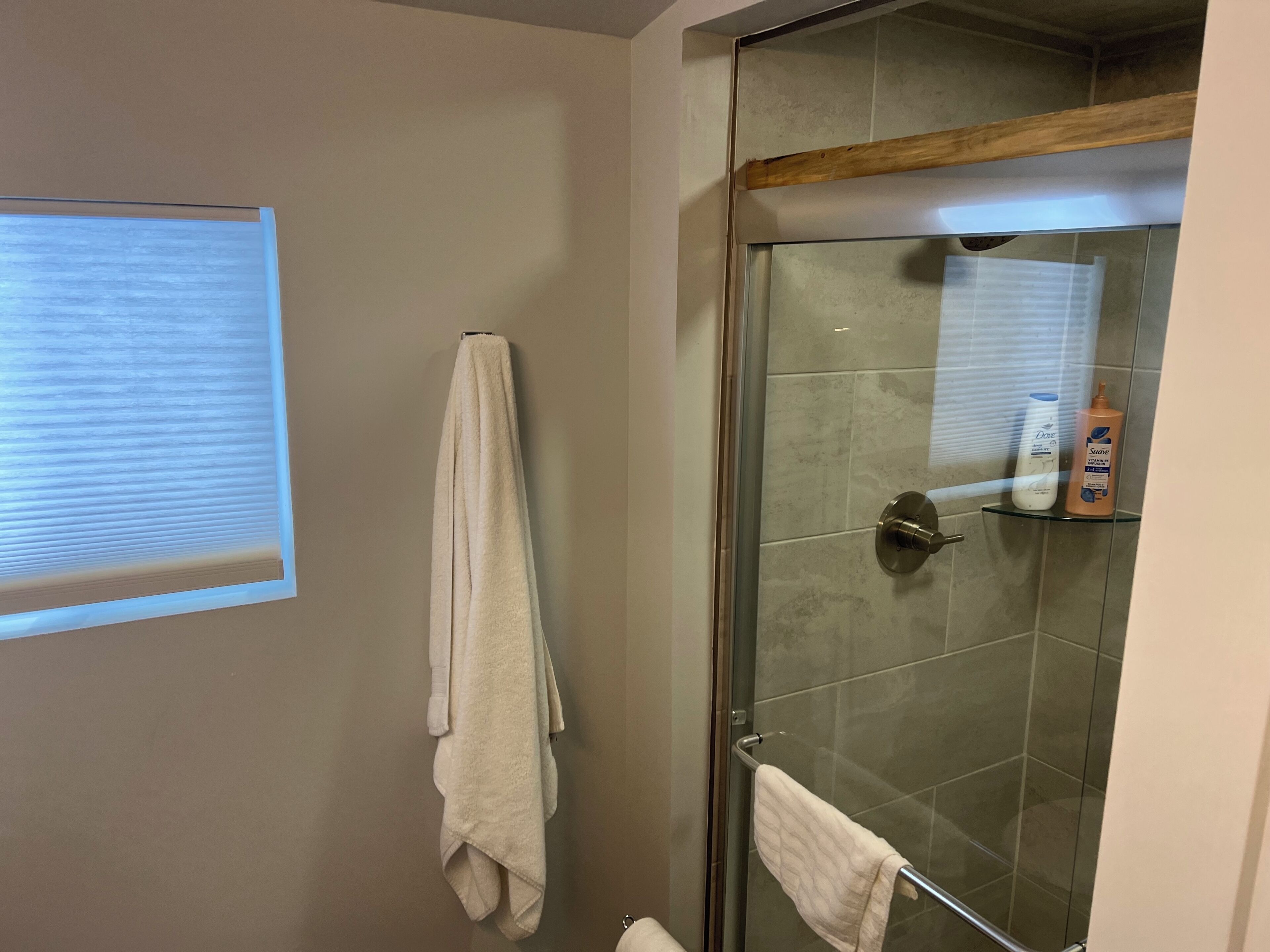 Een douche met glazen wanden, een handdoekrek, een raam met zonwering en toiletartikelen op een plank.