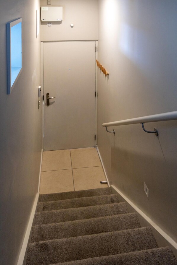 Un escalier recouvert de moquette mène à une porte, et une main courante est fixée sur l’un des côtés.