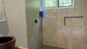 Shower, towels, soap, toilet paper