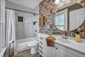 Hair dryer, towels, soap, toilet paper