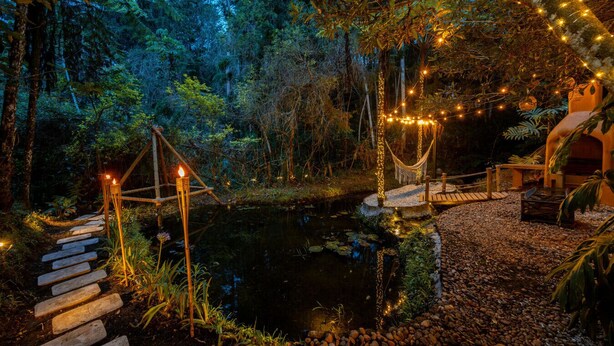 A serene garden with a pond, stone steps, a hammock, and string lights.