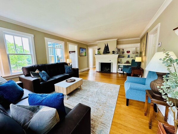 Smart TV, fireplace, books