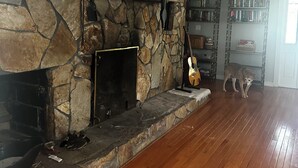 Ein Kamin aus Stein mit Kaminbrett, eine Gitarre und ein Hund auf Holzdielen.