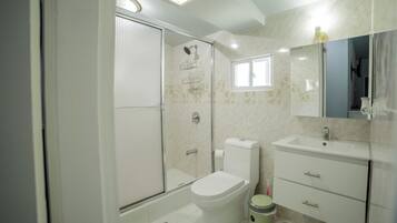 A bathroom with a shower, toilet, sink, and a mirror.