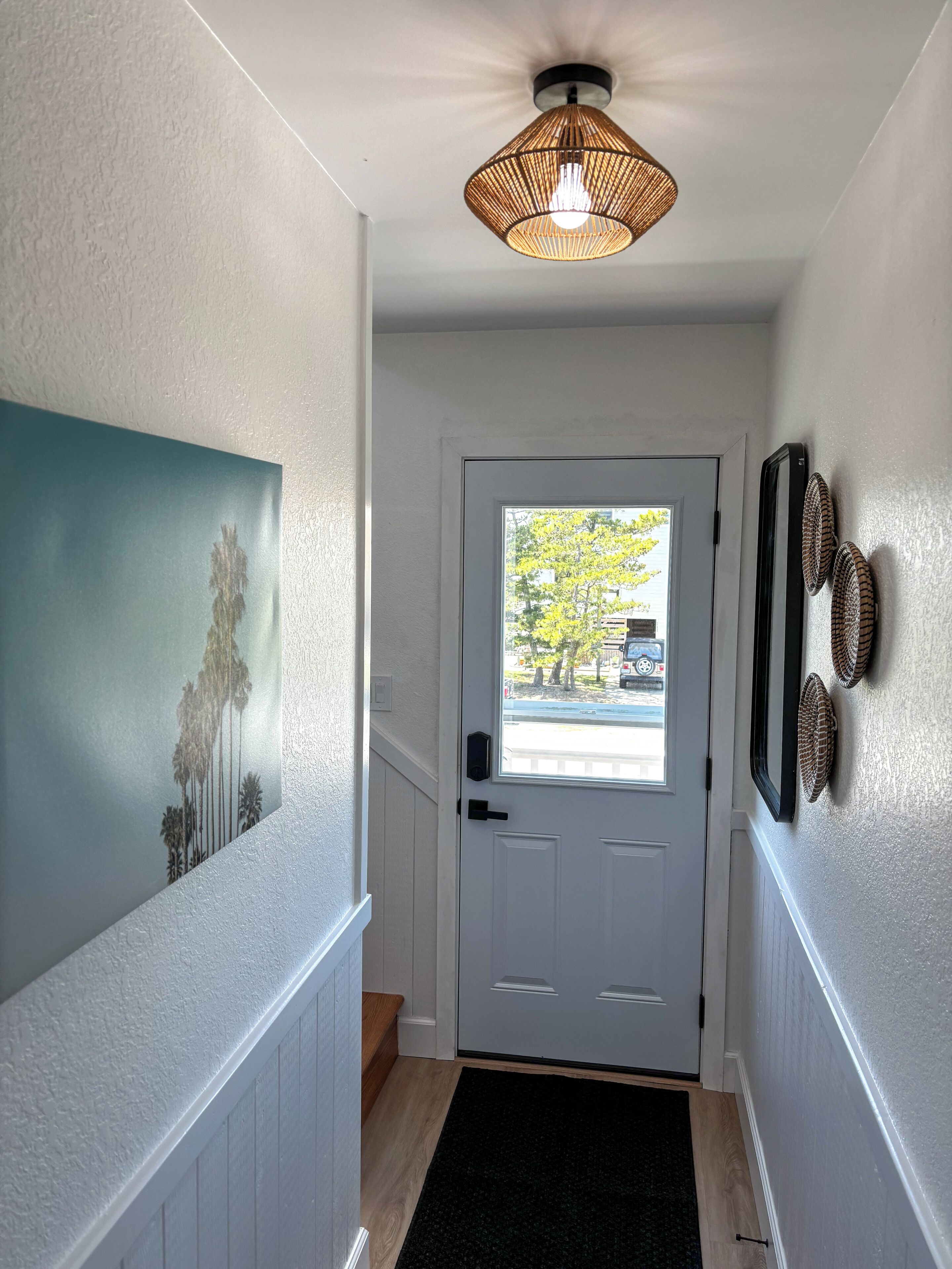 A hallway with a white door, a ceiling light fixture, a black rug, and wall-mounted decor.