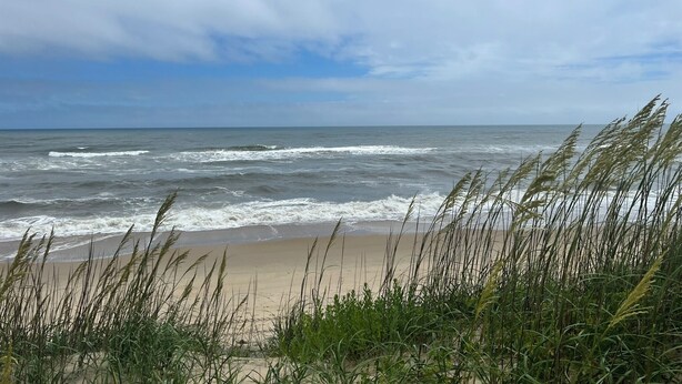 A beach with waves, grassy dunes, and a cloudy sky.