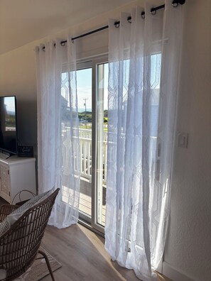 A room with a television on a cabinet, a wicker chair, and a view through a window with sheer curtains.