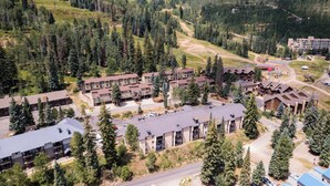 A resort with multiple buildings, including a lodge and a hotel, surrounded by dense forest and hills.
