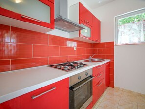 Fridge, microwave, oven, cookware/dishes/utensils