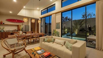 Luxury Villa, Patio, Pool View | Living area | 60-inch flat-screen TV with cable channels