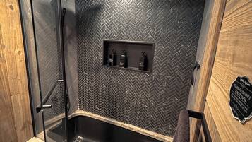 Hair dryer, towels, soap, shampoo