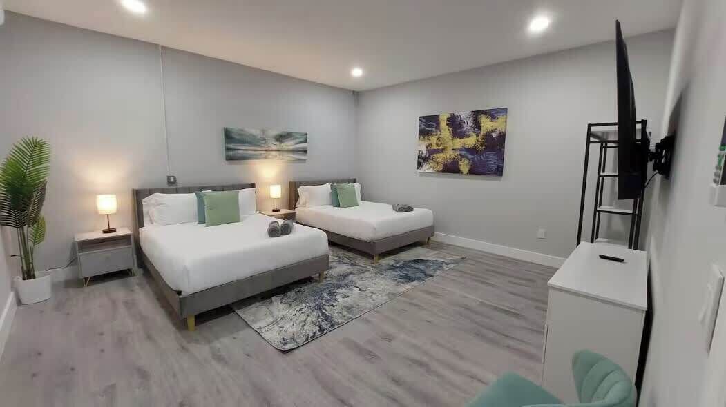 A hotel room with two beds, a TV, a desk, and a plant.