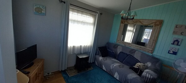 Una sala de estar con sofá, televisión, chimenea y un espejo en la pared.