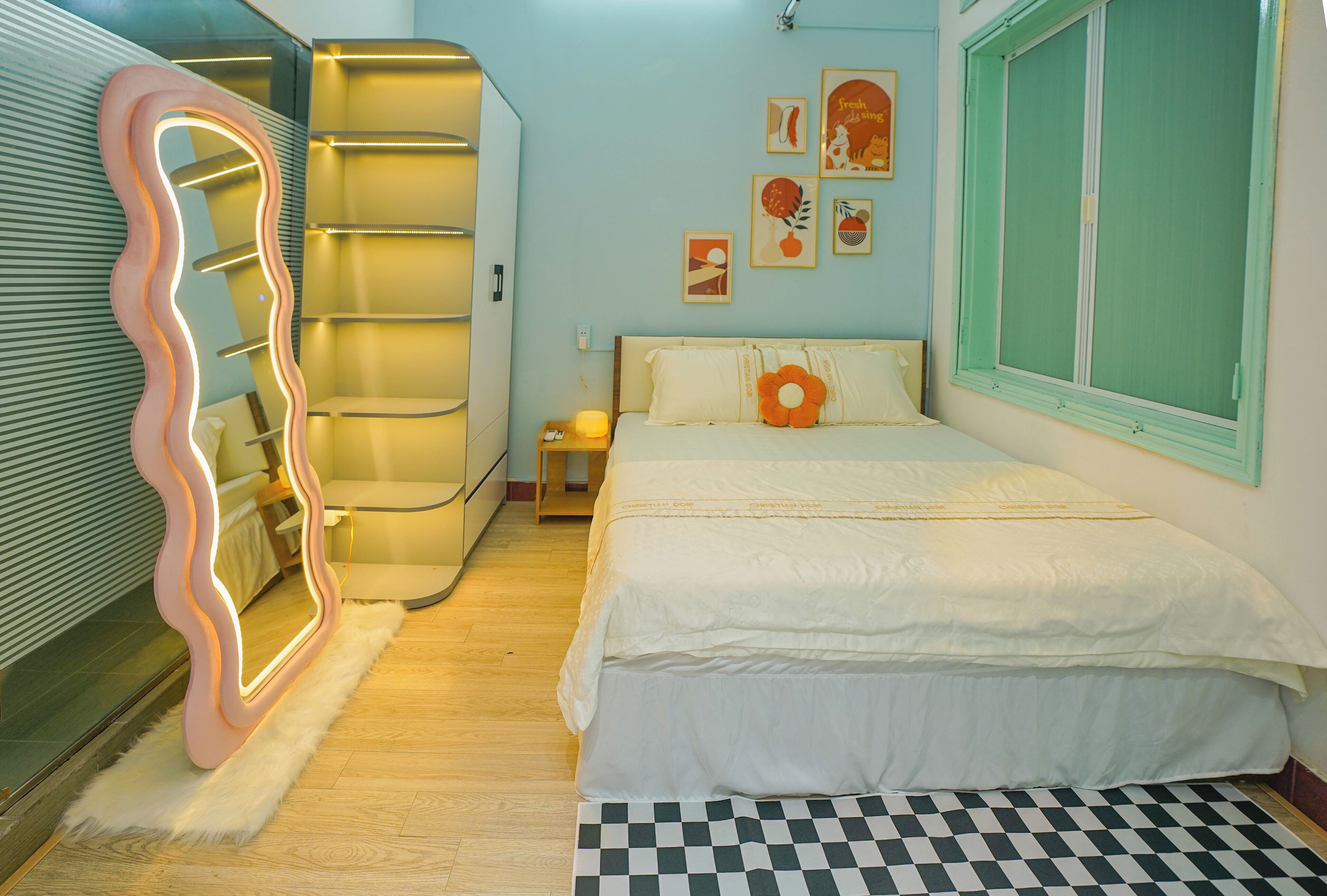 Desk, blackout drapes, soundproofing, iron/ironing board