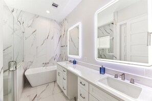 Hair dryer, towels, soap, toilet paper