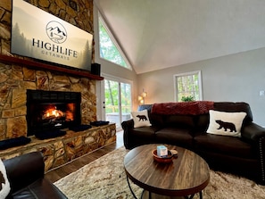 Fireplace, books