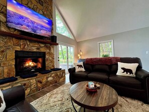 Smart TV, chimenea, libros y monitor de computadora