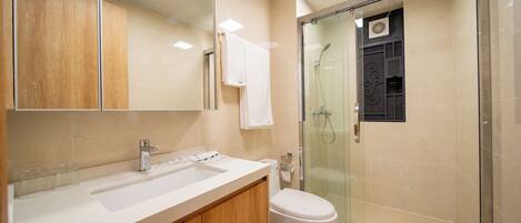 Een moderne badkamer met een douchecabine van glas, een wit toilet en een houten wastafelmeubel met een spiegel.