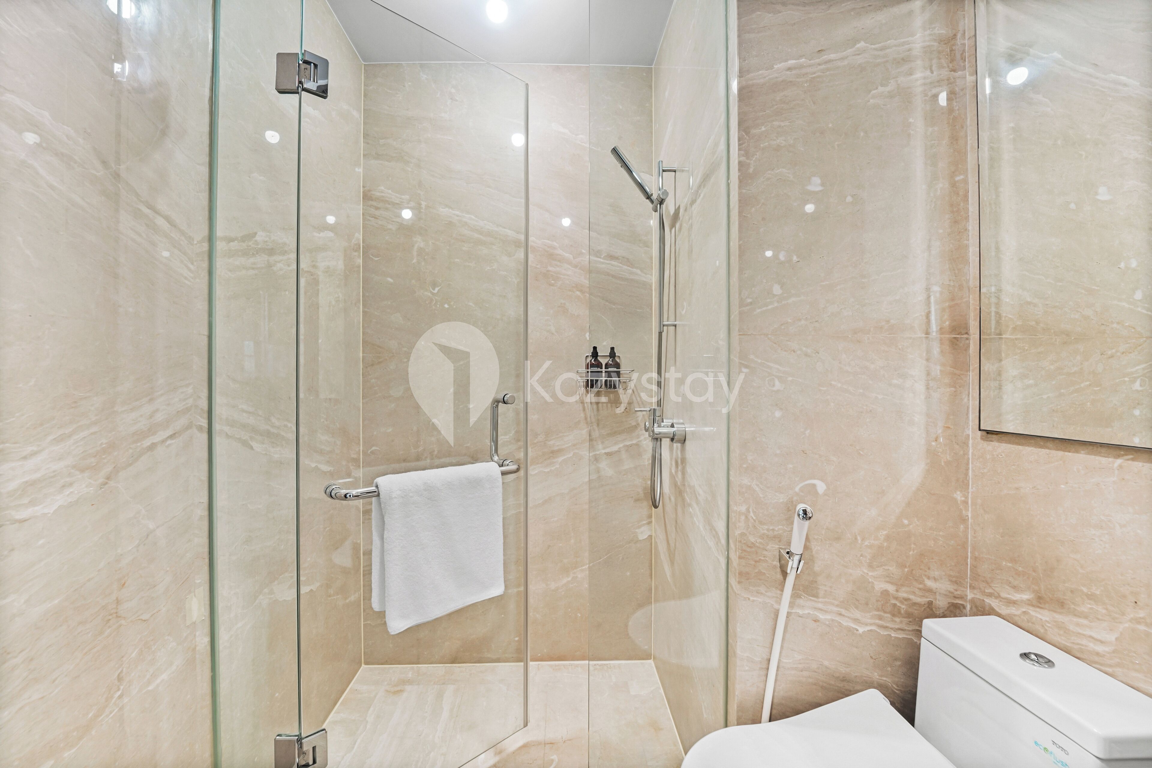 A modern bathroom with a glass-enclosed shower, a white toilet, and a marble-tiled wall.