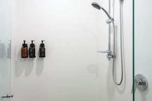 Shower, rainfall showerhead, hair dryer, slippers