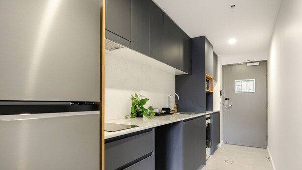 A modern kitchen with stainless steel appliances, a black countertop, and a small plant. - THE PARK OASIS BURWOOD (Burwood)