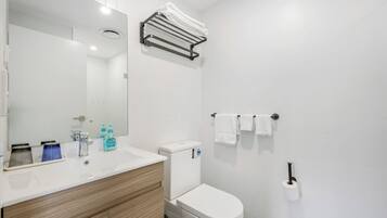 Shower, rainfall showerhead, hair dryer, slippers