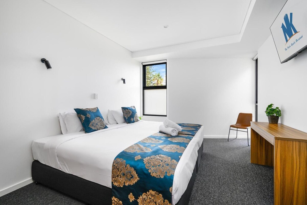 A hotel room with a bed, a desk, a chair, a window, and a plant.