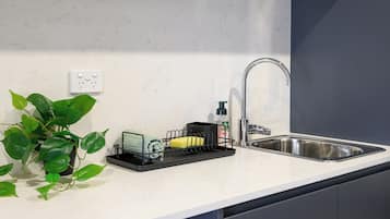 Fridge, microwave, stovetop, cookware/dishes/utensils