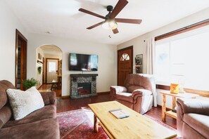 Smart TV, fireplace, foosball