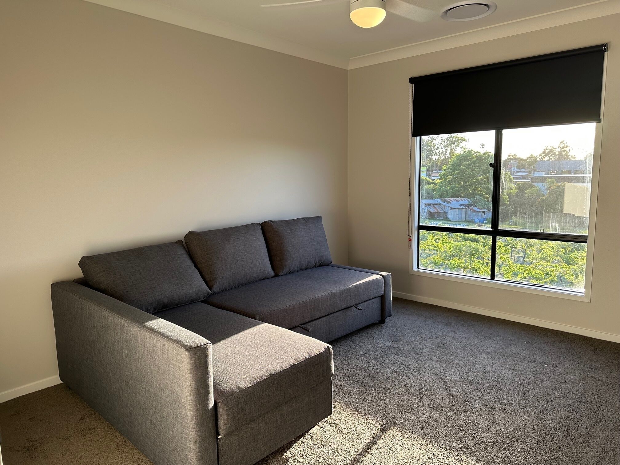 A room with a grey sectional sofa, a large window with a black roller blind, and a carpeted floor.