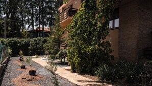 A courtyard with a gravel path, potted plants, and a brick building.