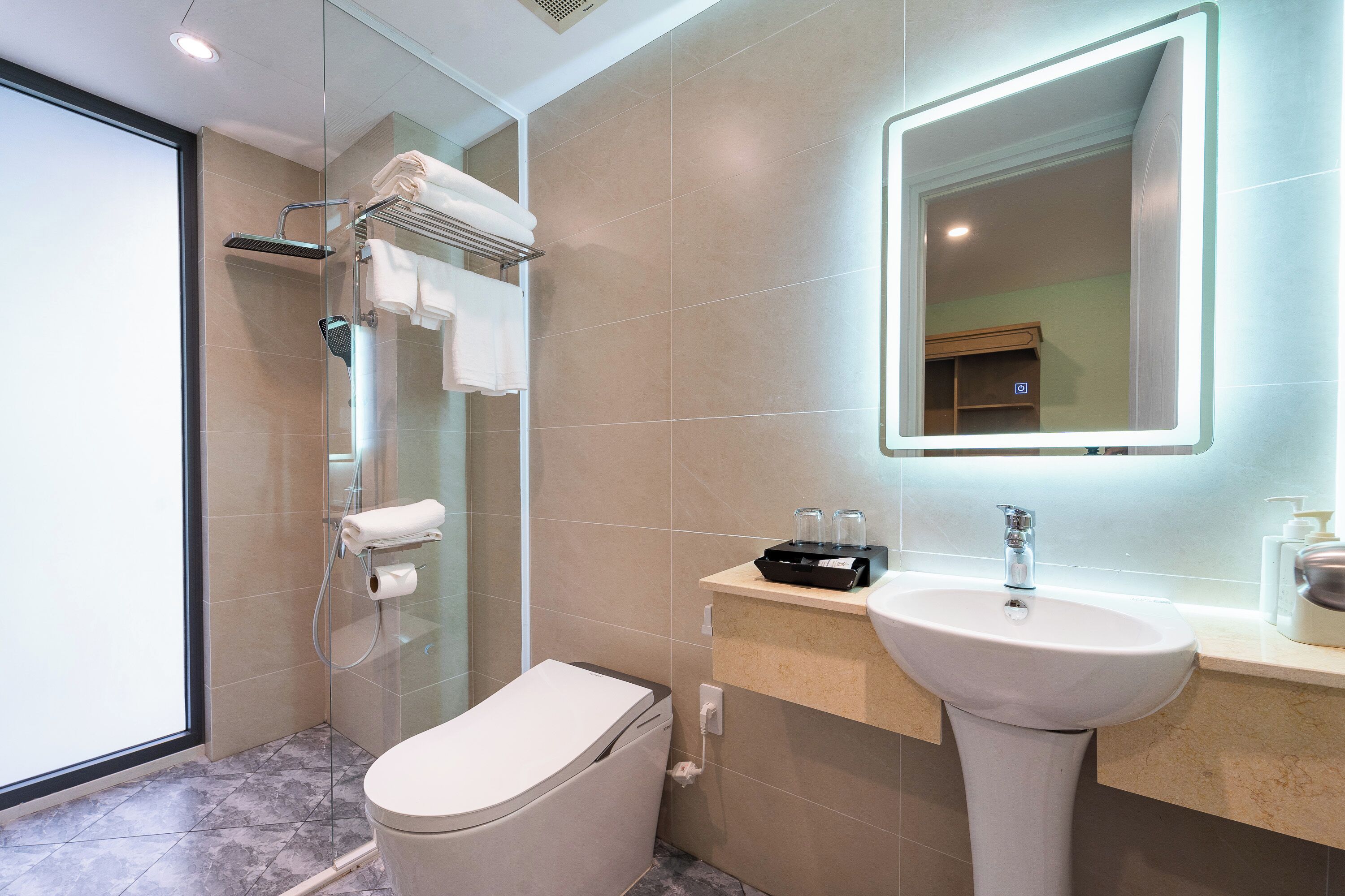 A modern bathroom with a glass shower enclosure, a toilet, a sink, and a mirror.