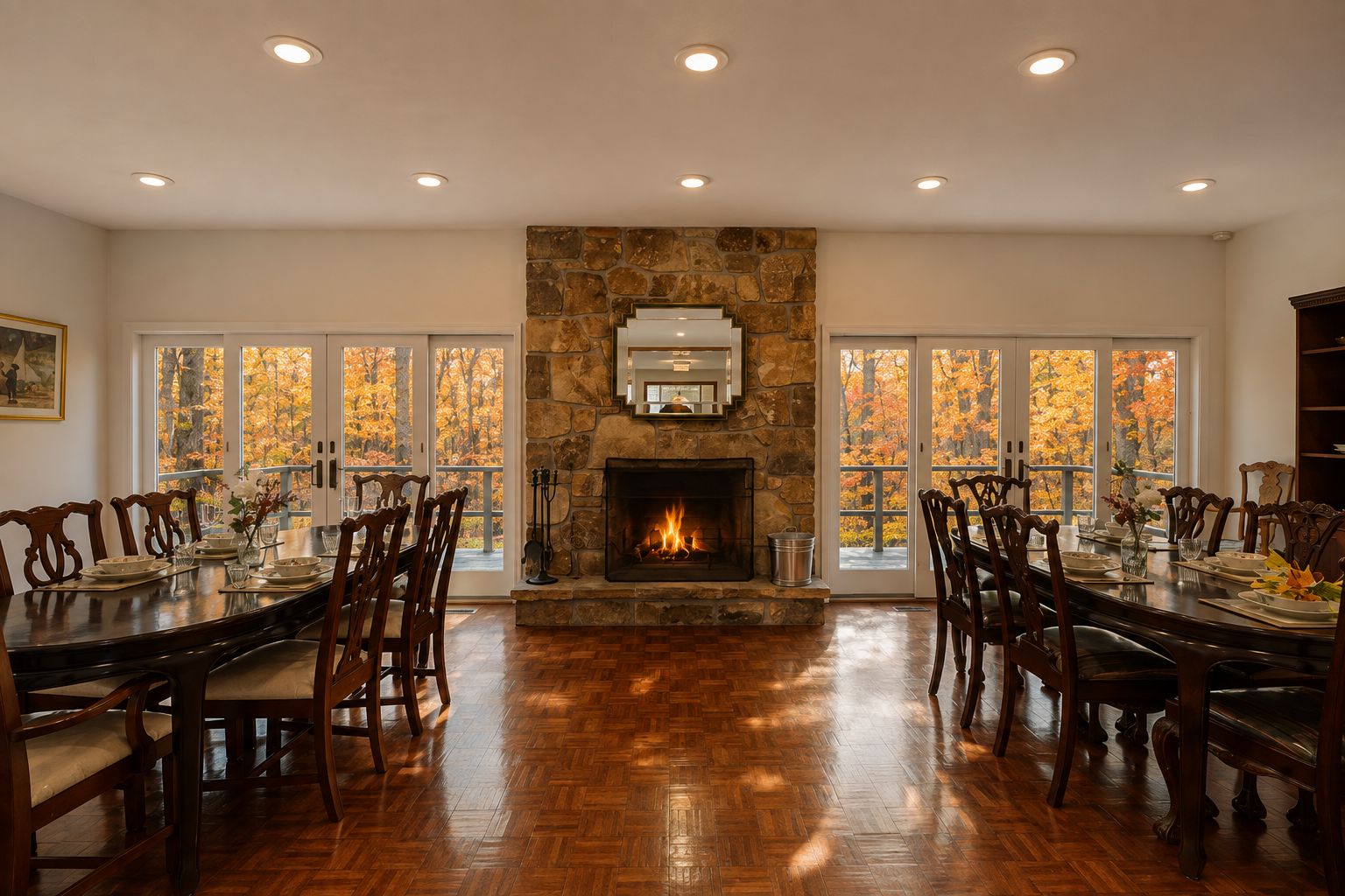 A dining room with a stone fireplace, wooden chairs, and a table set for four.
