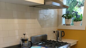 A kitchen with a Bosch dishwasher, a stove, and a window with potted plants. - Modern terrace home in inner Sydney (Saint Peters)