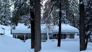 A snow-covered landscape with trees and a cabin. - Cabin with Foosball-Southern Comfort (Big Bear Lake)