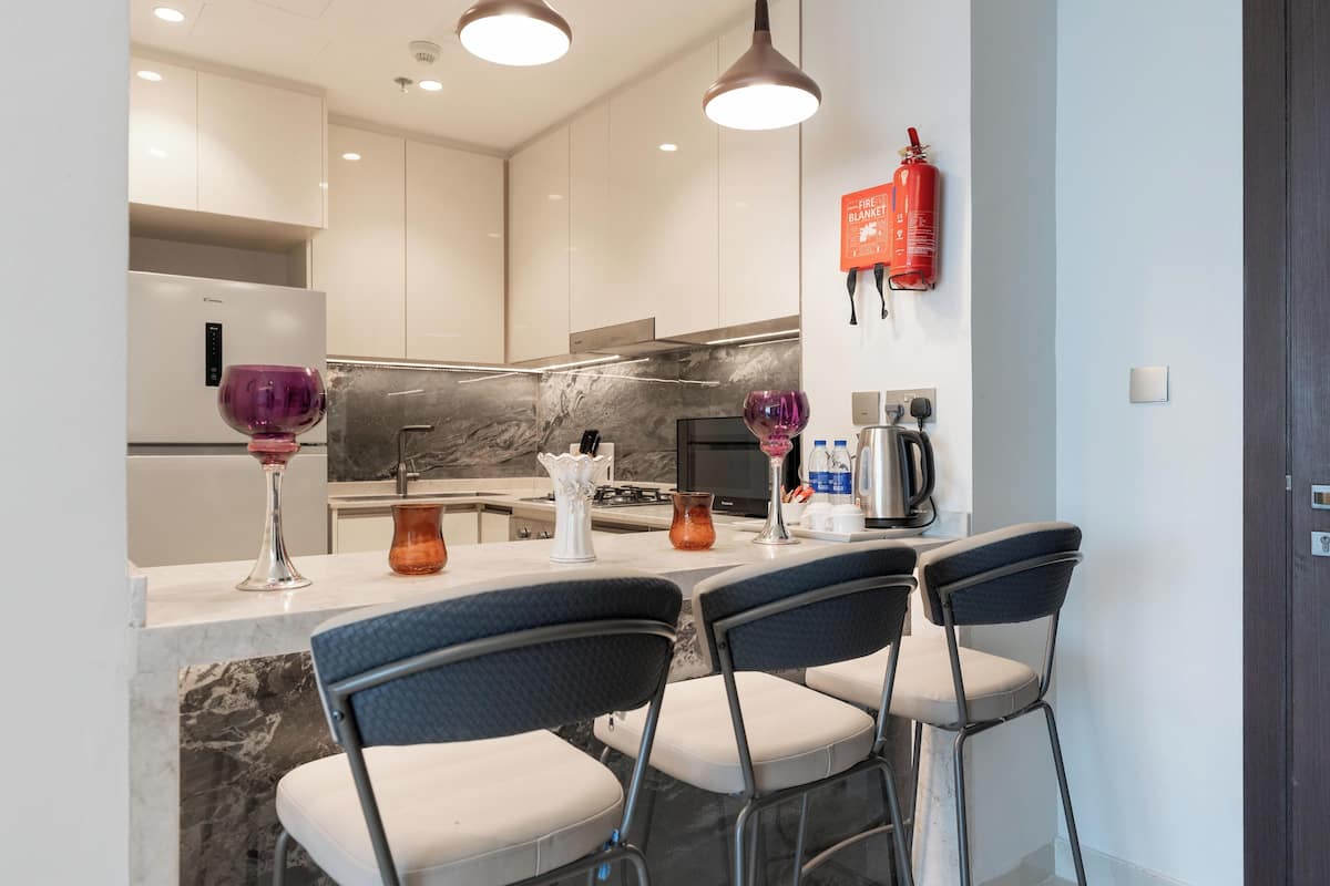 Full-sized fridge, microwave, oven, stovetop