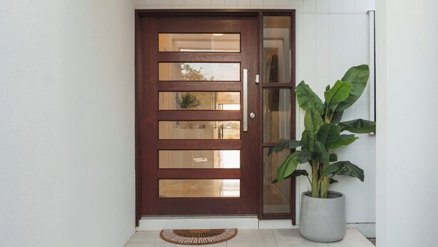 Eine braune Holztür mit Glasfeldern und einem Blumentopf daneben.