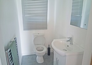 A bathroom with a toilet, sink, and window blinds.