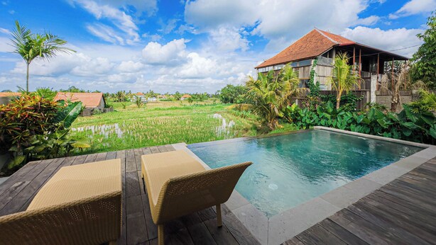 A pool area with wicker furniture, a view of a house with a red roof, and a lush green landscape. - Uma Nawasena Ubud (Ubud)