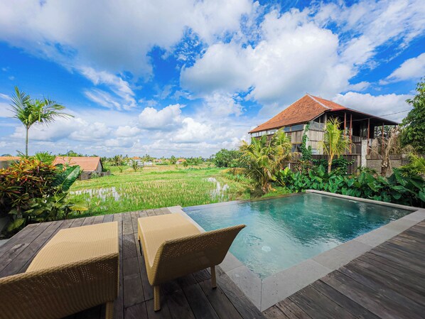 Una piscina al aire libre, tumbonas