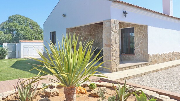 A white building with a stone facade, a covered patio, and a garden with agave plants. - Casa Marcucaña el Palmar (El Palmar)