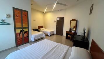 Desk, laptop workspace, free WiFi, bed sheets