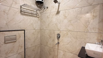 Shower, slippers, towels, soap