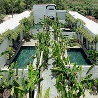 Un espace piscine comprenant deux piscines rectangulaires, entouré d’une végétation luxuriante et de murs blancs.