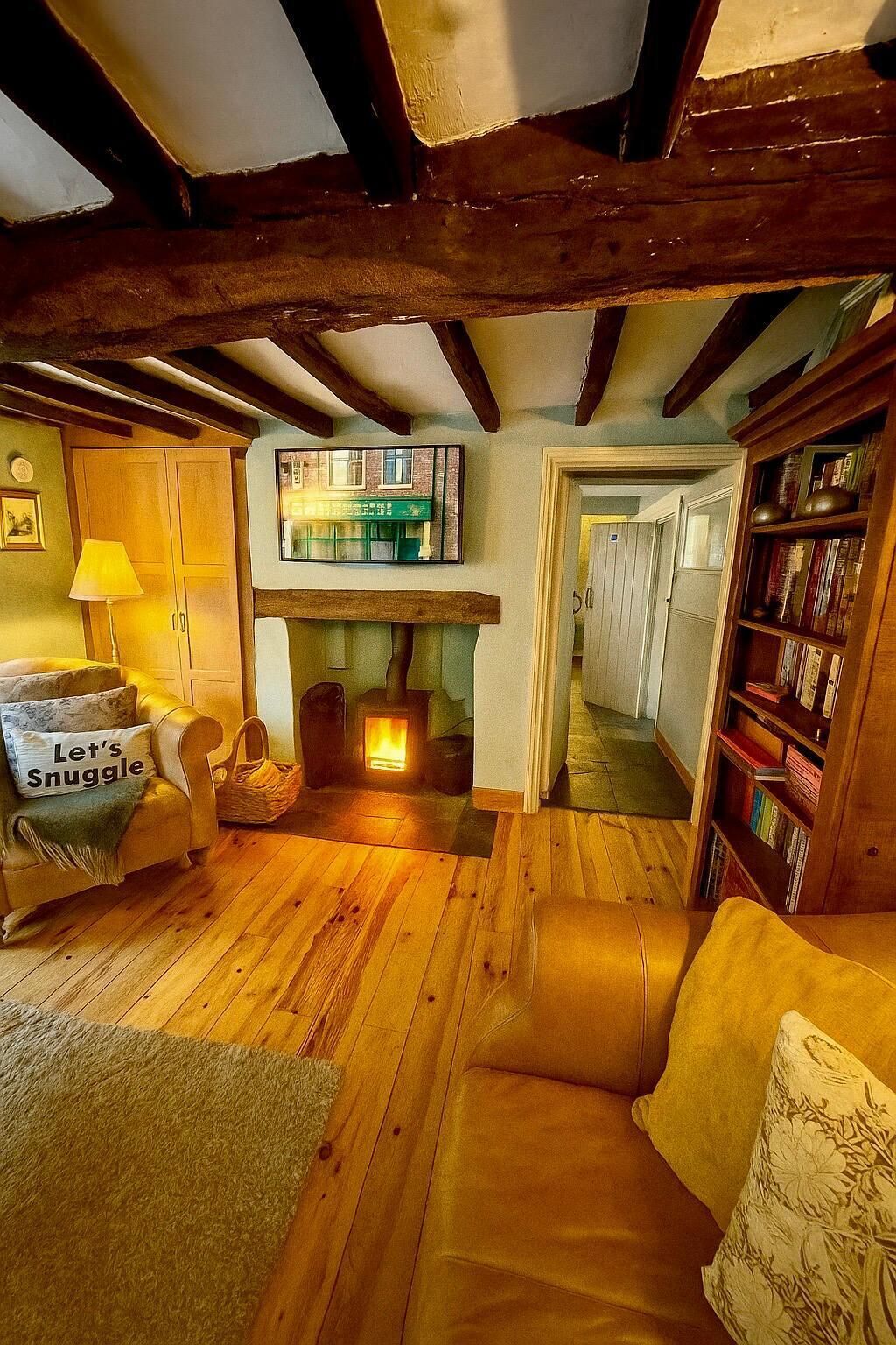 Smart TV, fireplace, books, music library