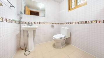 A bathroom with a pedestal sink, toilet, and a shower area.