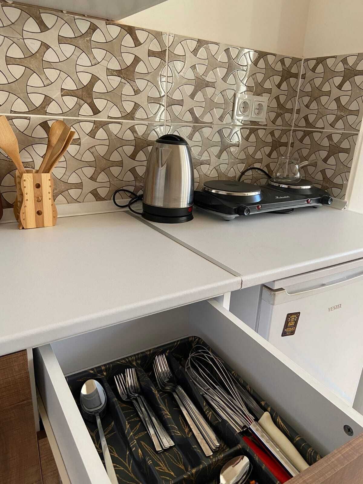 Frigobar, placa de cocina, utensilios de cocina