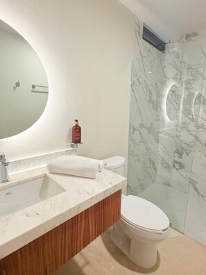 Shower, towels, soap, toilet paper